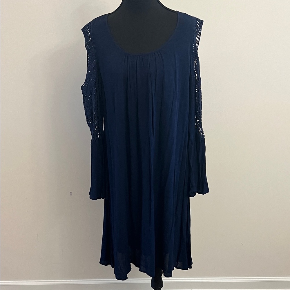 Neiman Marcus Navy Cold-Shoulder Long Sleeve Dress with Crochet Details